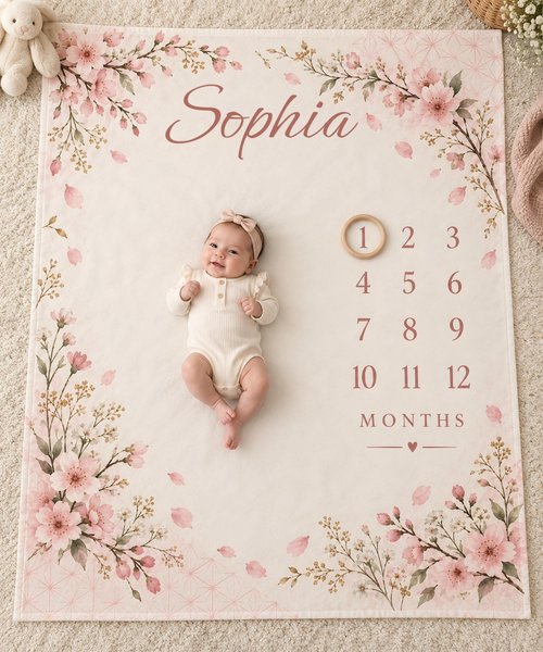 Personalized Baby Milestone Blanket, Sakura Wildflower, Custom Name Monthly Photo Blanket, Baby Shower Gift