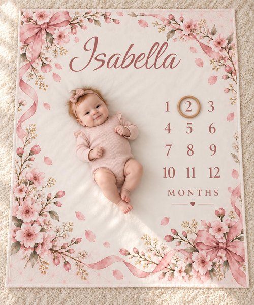 Personalized baby milestone blanket with pink cherry blossoms, ribbon bows, the sample name Isabella and months 1 to 12, with a baby lying on it and a wooden ring marking month 2, a custom baby shower gift.