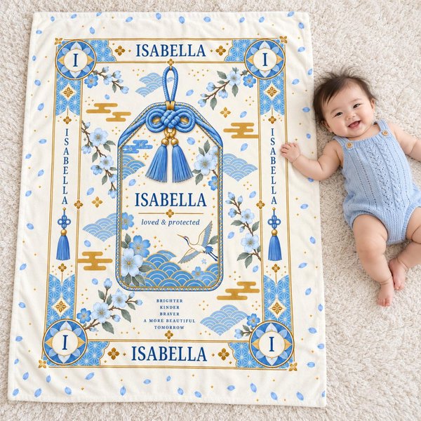 Personalized baby name blanket with a blue omamori charm design and the sample name Isabella, laid on a rug beside a smiling baby, a custom Japanese-inspired baby shower gift.