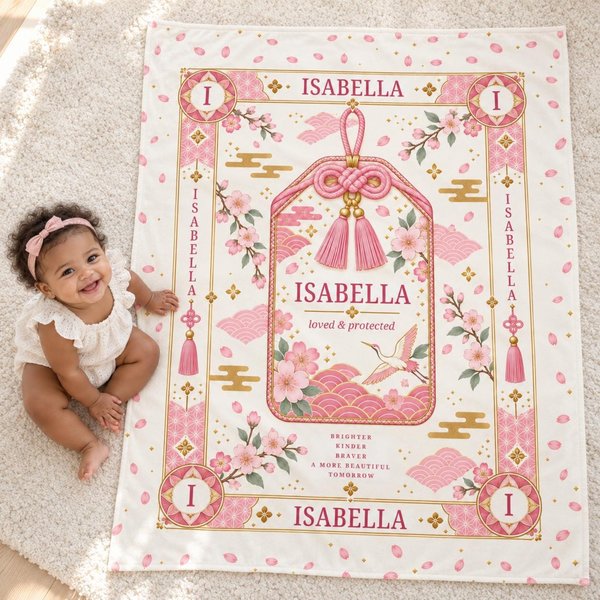 Personalized baby name blanket with a pink omamori charm design and the sample name Isabella, laid on a rug with a happy baby sitting beside it, a custom Japanese-inspired baby gift.