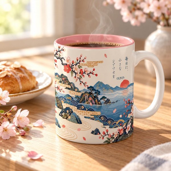 Personalized Japanese coffee mug with a white handle on a sunny breakfast table: cherry blossom and sea artwork with the Japanese phrase for a little happiness every day and the sample name OLIVIA, a custom name mug gift.