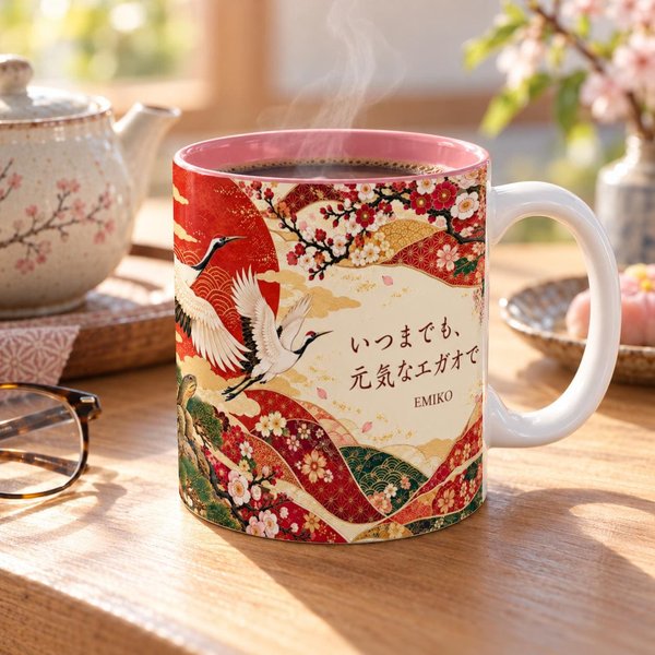 Personalized Japanese mug with a white handle beside a teapot and glasses: crane and pine artwork with a wish for lasting health and smiles and the sample name EMIKO, a custom name mug gift for grandma or grandpa.