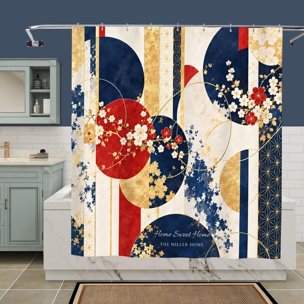 Personalized shower curtain in a modern bathroom with a sage vanity, a custom family name design as a housewarming gift.