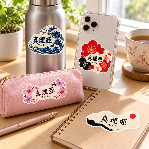 Personalized Japanese name stickers in kanji used on everyday items: wave sticker on a water bottle, plum blossom on a phone case, sakura on a pencil pouch and red sun on a notebook, with the name Maria in kanji.