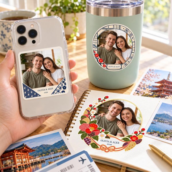 Custom photo stickers of a couple used on everyday items: square sticker on a phone case, round Japanese window sticker on a tumbler and floral wreath sticker in a travel scrapbook, personalized with Olivia & Alex 2026.
