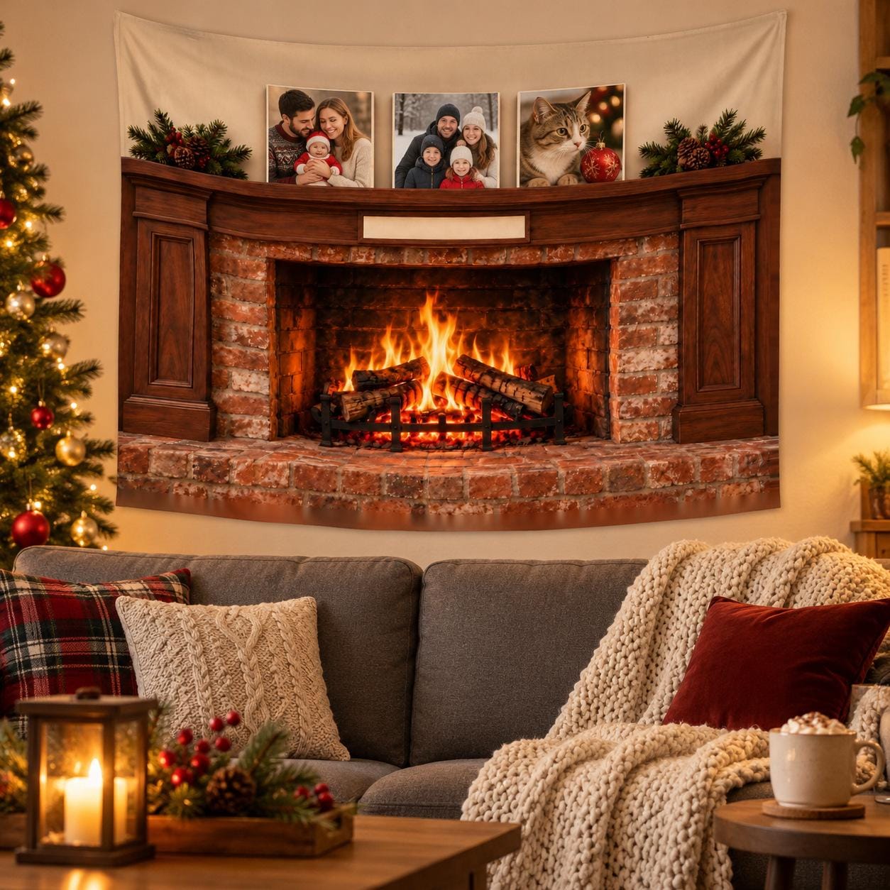 Personalized fireplace tapestry with your photos above a sofa: a faux fireplace with a brick surround and a dark wood mantel, three sample family photos on the mantel boards, a custom Christmas backdrop beside the tree.