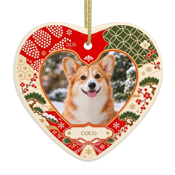 Personalized pet photo ornament: ceramic heart with a sample corgi photo, the name COCO and 2026 in a red and green Japanese floral frame, a custom pet ornament and personalized Christmas ornament for the tree.